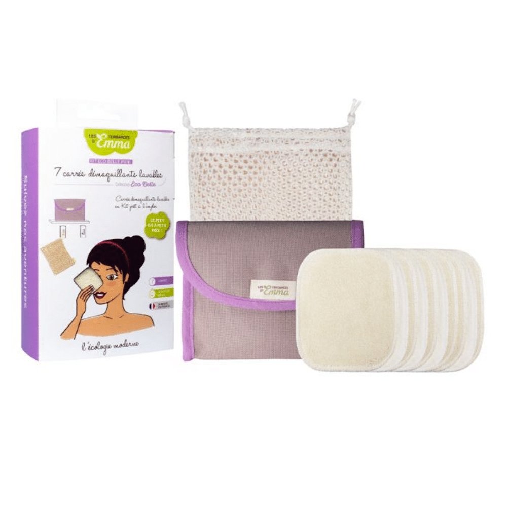 Kit Eco Belle Mini 7 Carres Démaquillants Coton Bio Biface + filet + pochette - Les Tendances d'Emma